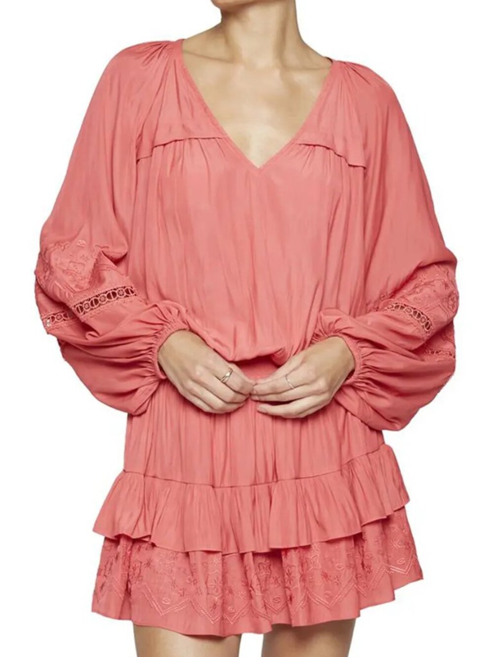 NWT Ramy Brook Sabina Long Sleeve V-Neck Smocked Waist Dress Sunrise S